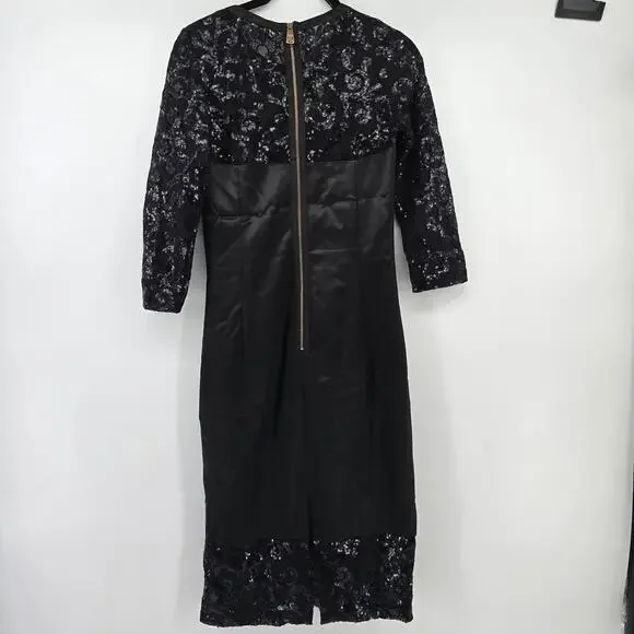 Frankie Morello Gala-Ready Glam Black Satin Sequin Lace Sheath Pencil Dress 40 - Picture 8 of 11